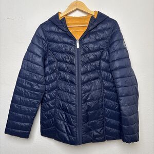 Nautica Men's Reversible Puffer Jacket Hooded Yellow Navy Blue Size Large